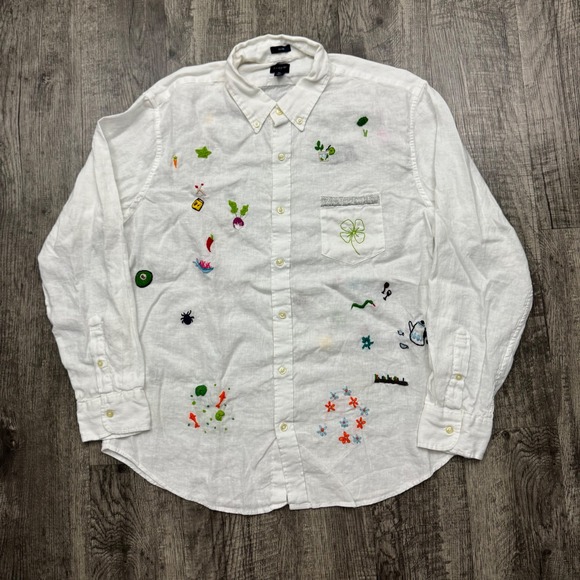 J. Crew Tops - J. Crew Hand Embroidered Novelty Linen Button Shirt White XL